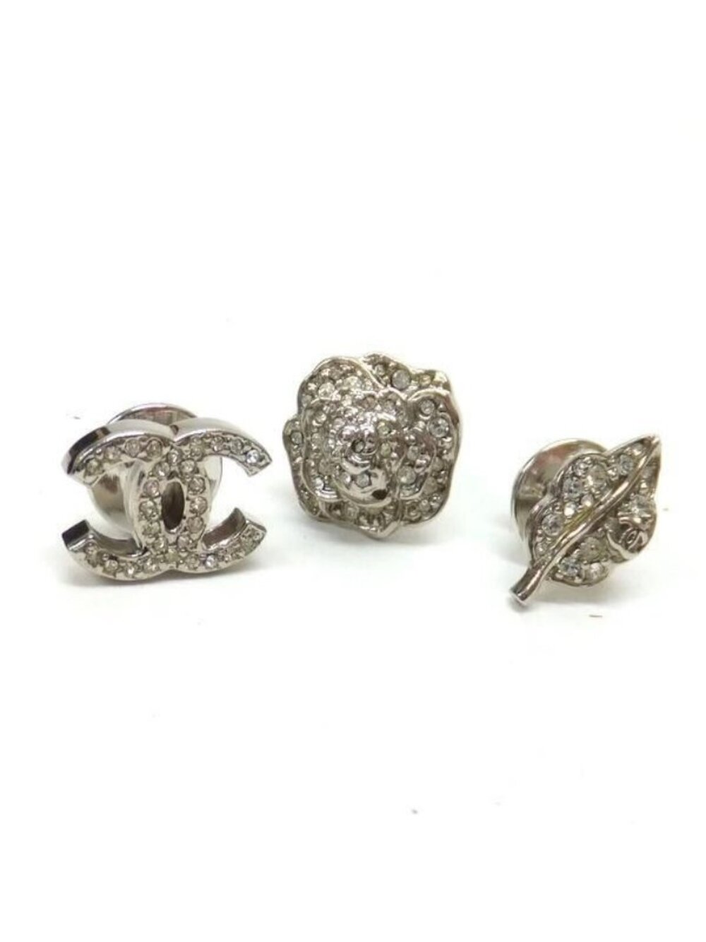 Chanel 07A Pin Brooch 3 Piece Set Metal Rhinestone Clear Silver CC Camellia Leaf